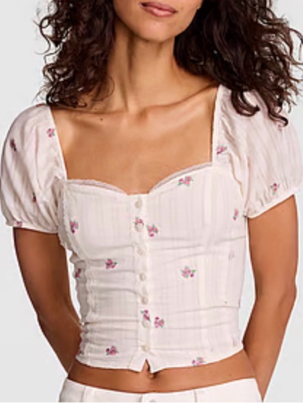 PINK Victoria's Secret White Puff-Sleeve Floral Button Front Top -NWT